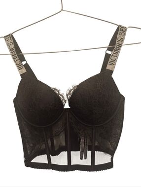 Victoria Secret Bra 32C Bombshell Push Up Black Shine Strap Bling Long Line Lace